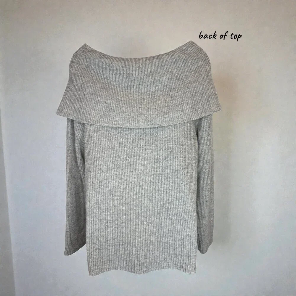 Lark & Ro 100% Cashmere Off Shoulder Ribbed Sweater Gray Size Large - Picture 5 of 15